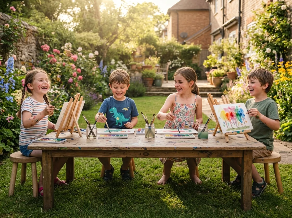 Quatro crianças pintando juntas em um jardim