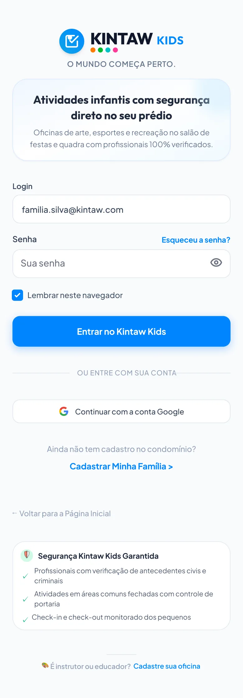 Tela atualizada de login da Kintaw Kids