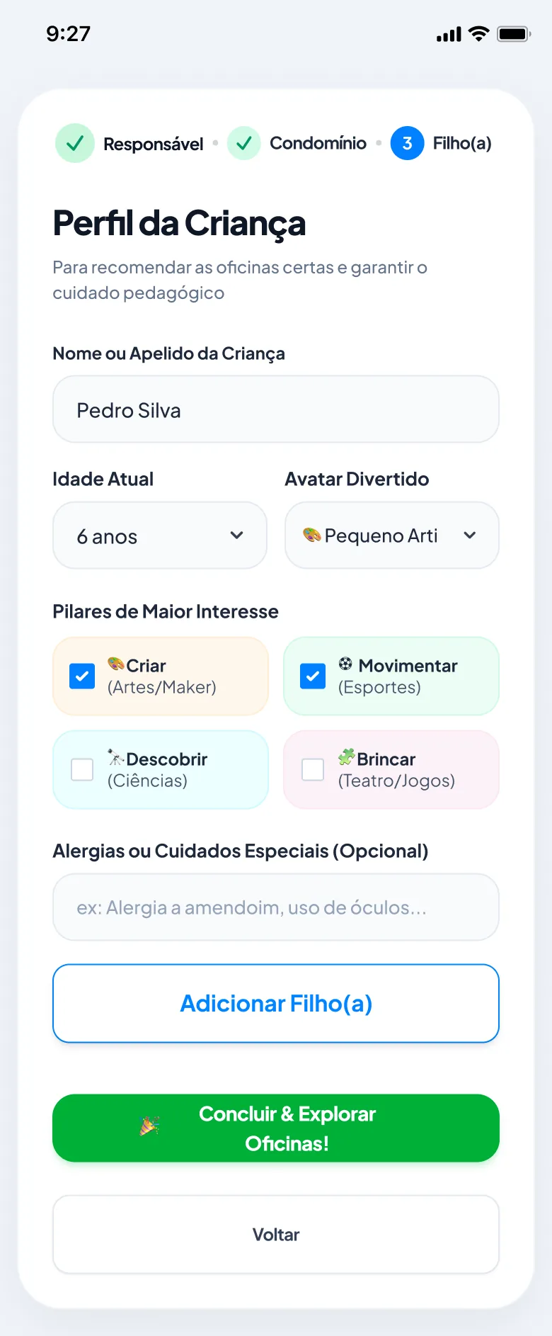 Tela atualizada de perfil, interesses e cuidados da criança