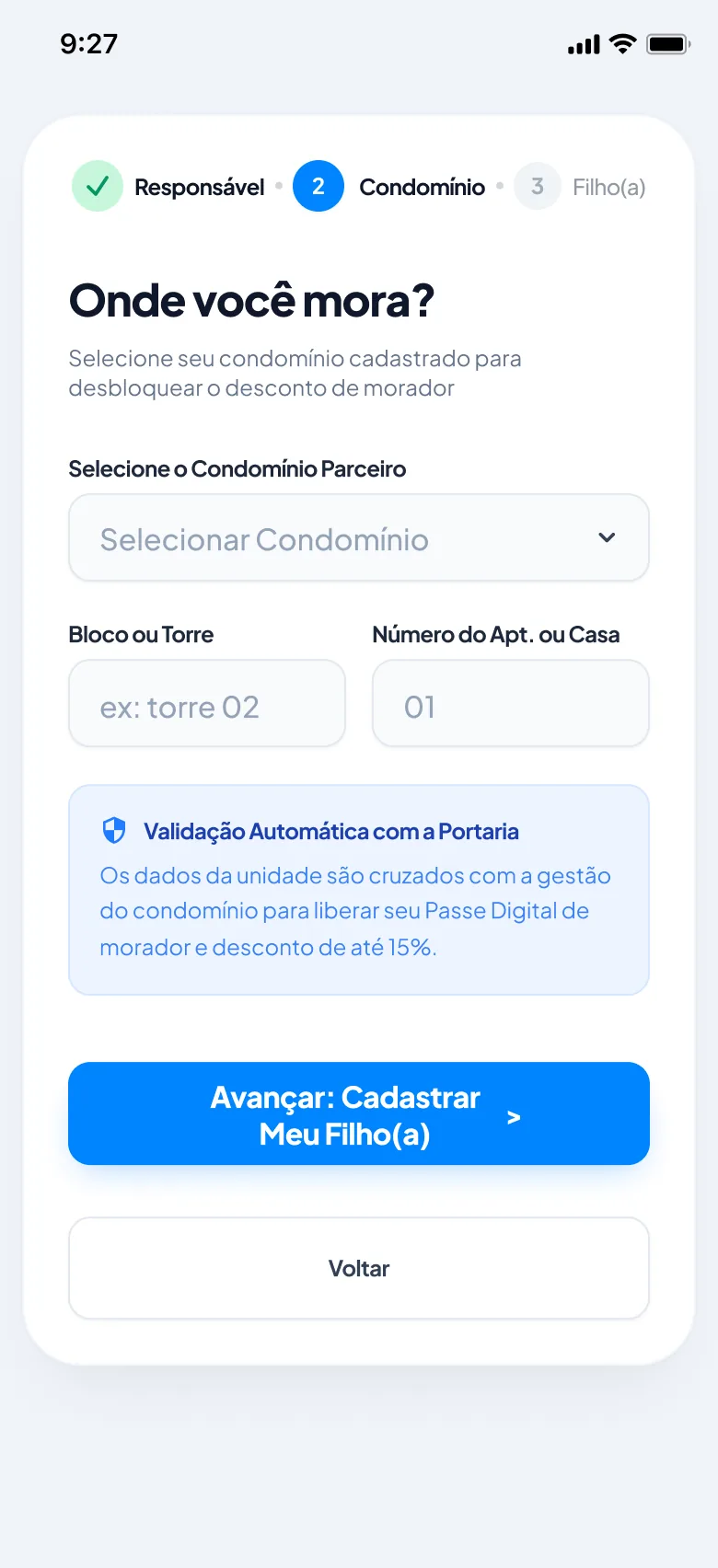 Tela atualizada de vínculo da família com o condomínio