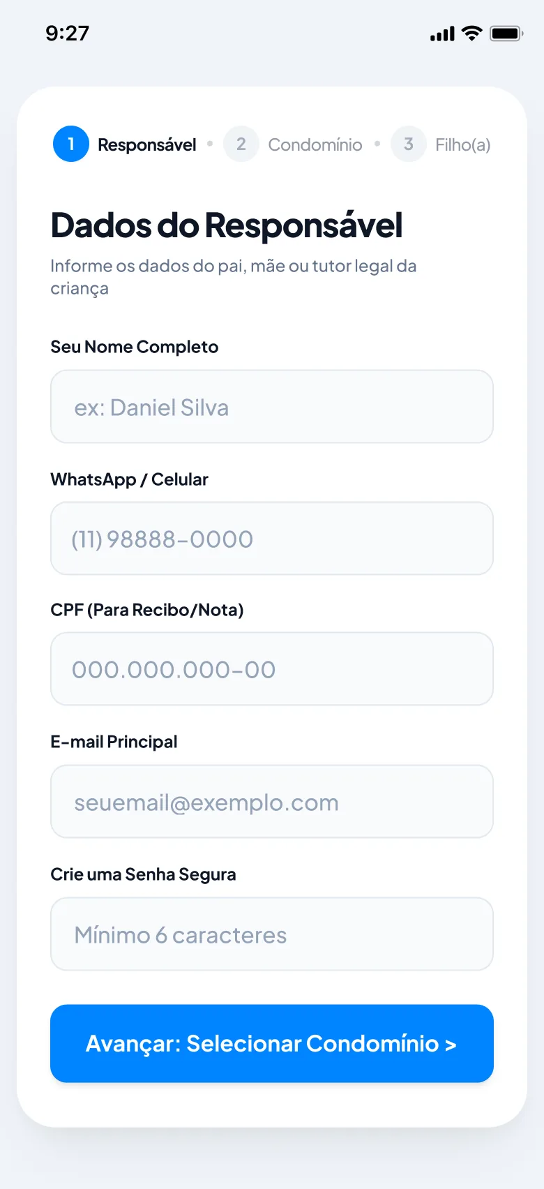 Tela atualizada de cadastro dos dados do responsável