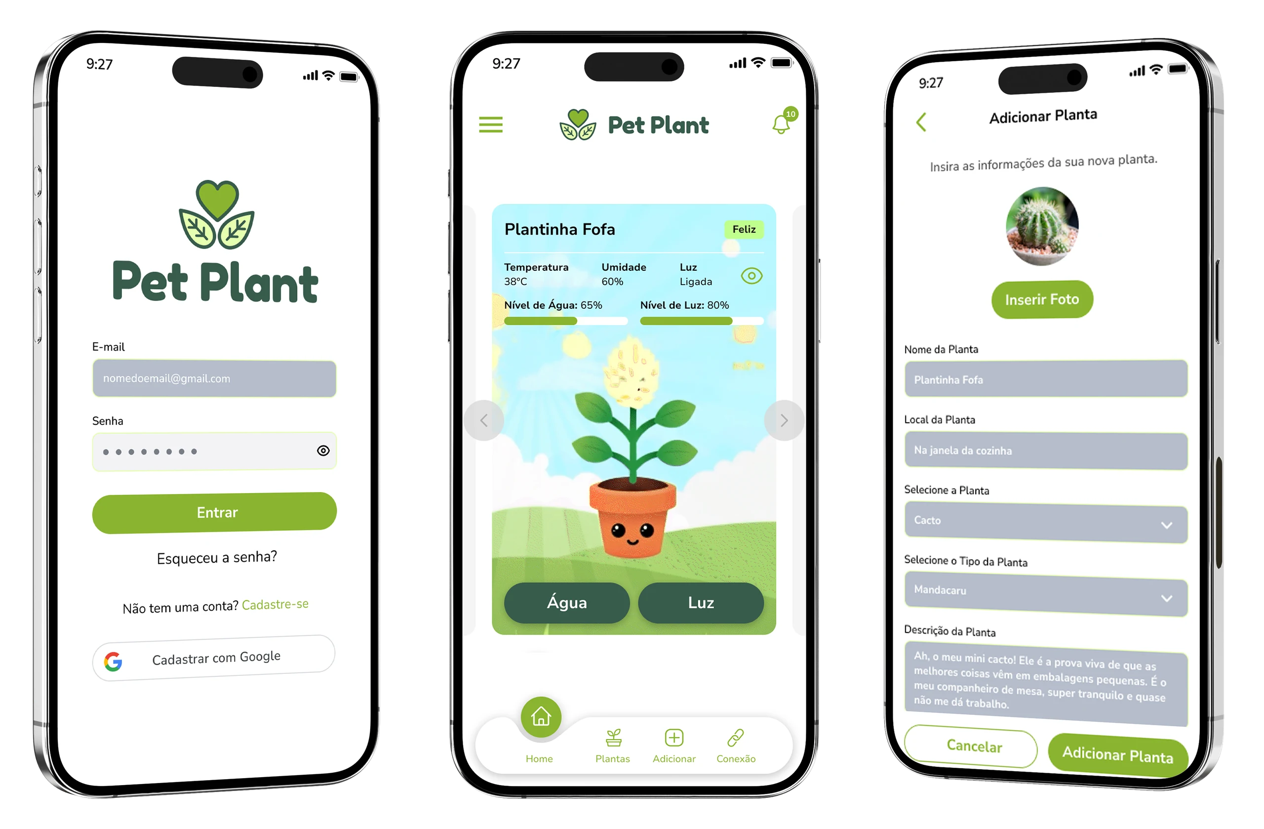 Telas do Pet Plant App: Onboarding, Dashboard e Adicionar Planta