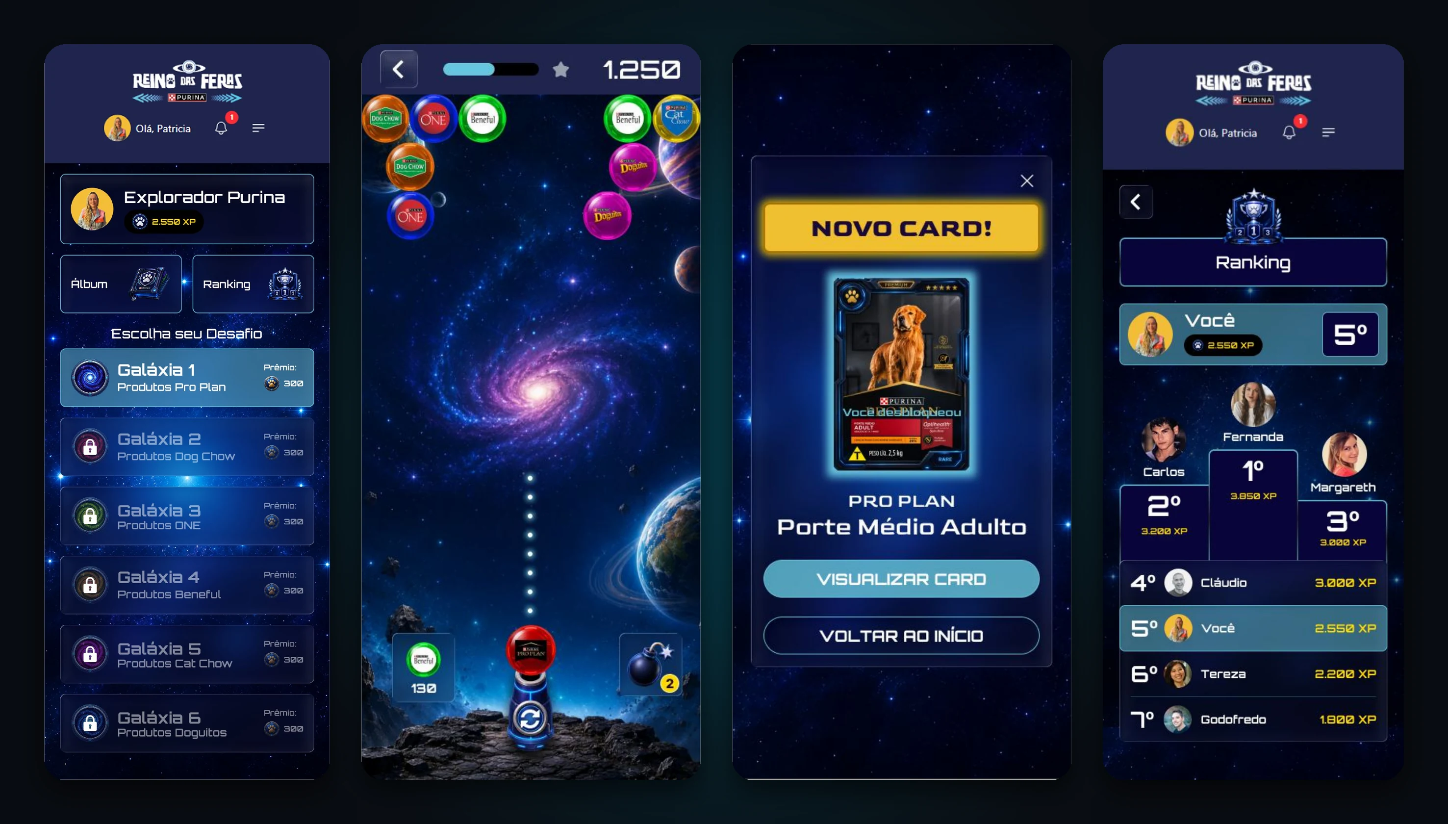 Dashboard de galáxias, partida, modal de novo card e ranking